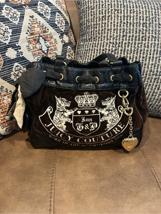 Juicy Couture Handbags - Juicy Couture Y2K Brown Velvet Shoulder Bag with Gold Heart Charm